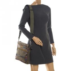 Valentino Olive Canvas Rockstud Bordado Messenger Bag