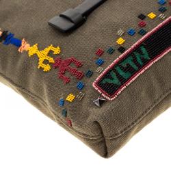 Valentino Olive Canvas Rockstud Bordado Messenger Bag