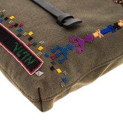Valentino Olive Canvas Rockstud Bordado Messenger Bag
