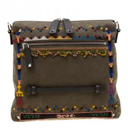 Valentino Olive Canvas Rockstud Bordado Messenger Bag