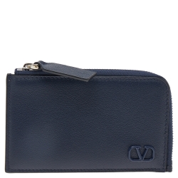 Pre Owned Valentino Blue Leather VLogo Signature Coin Card Case