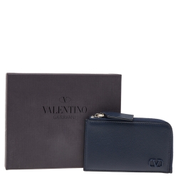 Pre Owned Valentino Blue Leather VLogo Signature Coin Card Case