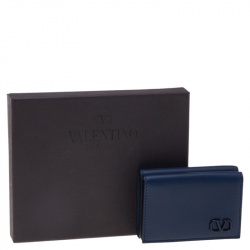 Pre Owned Valentino Blue Leather Mini VLogo Signature Trifold Compact Wallet