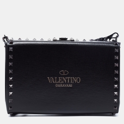 Pre Owned Valentino Black Leather Rockstud Alcove Clutch Shoulder Bag