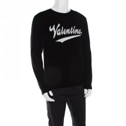 Pre Owned Valentino Black Wool Logo Intarsia Crew Neck Pullover Sweater S