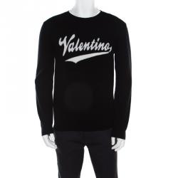 Pre Owned Valentino Black Wool Logo Intarsia Crew Neck Pullover Sweater S