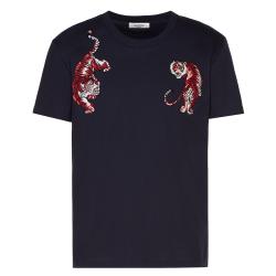 Pre Owned Valentino Dark Blue Cotton Go Tiger Embroidered Crew Neck T Shirt S