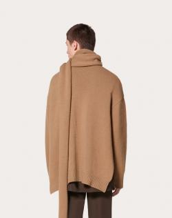 Pre Owned Valentino Brown Wool V Face Rose Embroidery with Scarf Zippered High-Neck Sweater M