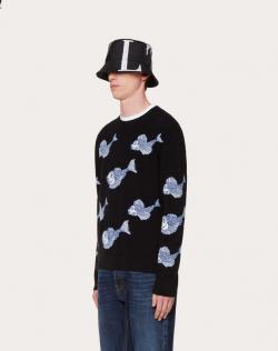 Pre Owned Valentino Black Wool with All Over Fishrain Inlay Crew Neck Sweater M