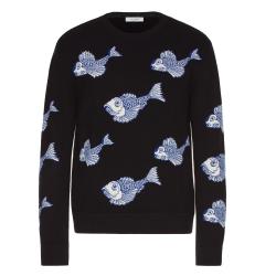 Pre Owned Valentino Black Wool with All Over Fishrain Inlay Crew Neck Sweater M