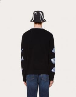 Pre Owned Valentino Black Wool with All Over Fishrain Inlay Crew Neck Sweater M
