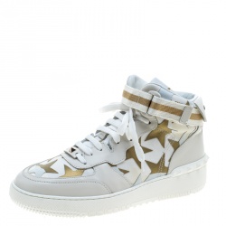 Pre Owned Valentino White Camouflage Canvas and Leather Rolling Rockstud High-Top Sneakers Size 42