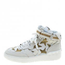 Pre Owned Valentino White Camouflage Canvas and Leather Rolling Rockstud High-Top Sneakers Size 42