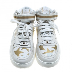 Pre Owned Valentino White Camouflage Canvas and Leather Rolling Rockstud High-Top Sneakers Size 42