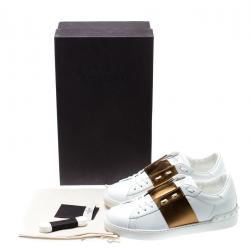 Pre Owned Valentino Bianco/Bronzo Leather Open Low Top Sneakers Size 40