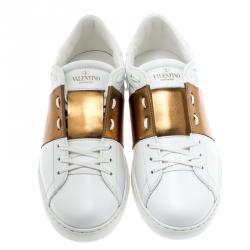 Pre Owned Valentino Bianco/Bronzo Leather Open Low Top Sneakers Size 42.5
