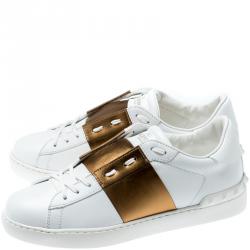Valentino Bianco/Bronzo Leather Open Low Top Sneakers Size 43.5
