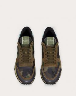 Pre Owned Valentino Military Green Fabric and Leather Camouflage Rockrunner Sneakers Size 42.5