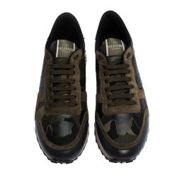 Pre Owned Valentino Military Green Fabric and Leather Camouflage Rockrunner Trainer Sneakers Size 43