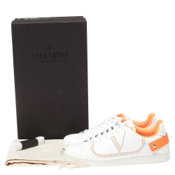 Valentino White/Fluorescent Orange Leather V-Logo Sneakers Size 40