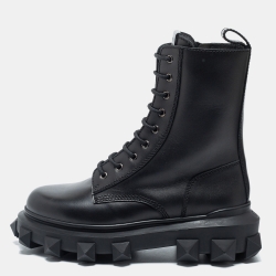 Valentino Black Leather Trackstud Combat Boots Size 40.5