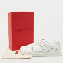 Pre Owned Valentino White Perforated Leather Backnet Rockstud Low Top Sneakers Size 42