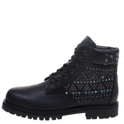 Pre Owned Valentino Black Leather Rolling Rockstud Dreamer Combat Boots Size 44