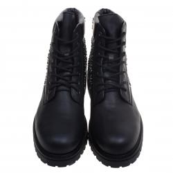 Pre Owned Valentino Black Leather Rolling Rockstud Dreamer Combat Boots Size 44
