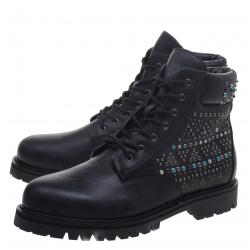Pre Owned Valentino Black Leather Rolling Rockstud Dreamer Combat Boots Size 44
