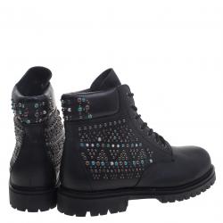 Pre Owned Valentino Black Leather Rolling Rockstud Dreamer Combat Boots Size 44