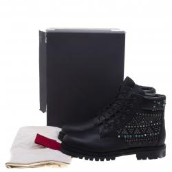 Pre Owned Valentino Black Leather Rolling Rockstud Dreamer Combat Boots Size 44
