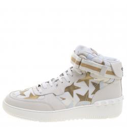 Pre Owned Valentino White Camouflage Canvas And Leather Rolling Rockstud High-Top Sneakers Size 43