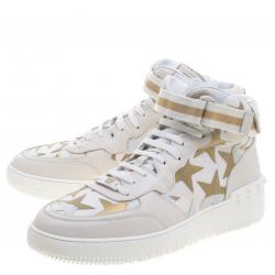 Pre Owned Valentino White Camouflage Canvas And Leather Rolling Rockstud High-Top Sneakers Size 43