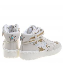 Pre Owned Valentino White Camouflage Canvas And Leather Rolling Rockstud High-Top Sneakers Size 43