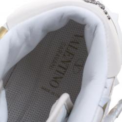 Pre Owned Valentino White Camouflage Canvas And Leather Rolling Rockstud High-Top Sneakers Size 43