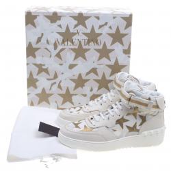 Pre Owned Valentino White Camouflage Canvas And Leather Rolling Rockstud High-Top Sneakers Size 43