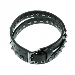 Valentino Rockstuds Army Green Leather Gunmetal Tone Double Wrap Bracelet