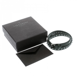 Valentino Rockstuds Army Green Leather Gunmetal Tone Double Wrap Bracelet