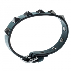 Pre Owned Valentino Rockstud Teal Blue Gunmetal Tone Leather Bracelet