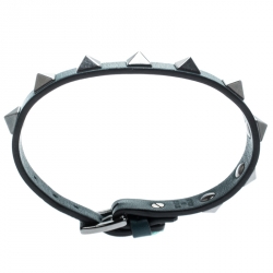Pre Owned Valentino Rockstud Teal Blue Gunmetal Tone Leather Bracelet