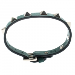 Pre Owned Valentino Rockstud Green Gold Tone Leather Bracelet