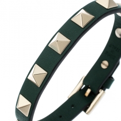 Pre Owned Valentino Rockstud Green Gold Tone Leather Bracelet