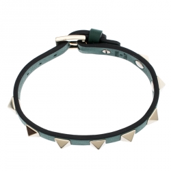 Pre Owned Valentino Rockstud Green Gold Tone Leather Bracelet