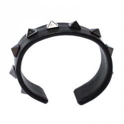 Pre Owned Valentino Rockstud Black Leather Open Cuff Bracelet