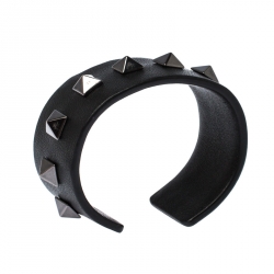 Pre Owned Valentino Rockstud Black Leather Open Cuff Bracelet