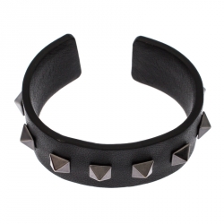 Pre Owned Valentino Rockstud Black Leather Open Cuff Bracelet