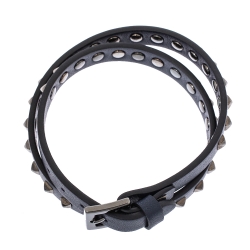Pre Owned Valentino Rockstud Navy Blue Leather Gunmetal Tone Double Wrap Bracelet