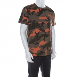 Pre Owned Valentino Khaki Green and Orange Camouflage Print Cotton T-Shirt L