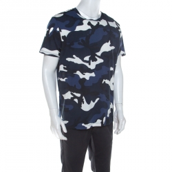 Pre Owned Valentino Navy Blue Camouflage Print Cotton Crew Neck T-Shirt L