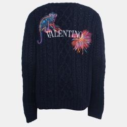 Pre Owned Valentino Dark Blue Mural Jungle Embroidered Alpaca & Wool Knit Jumper L